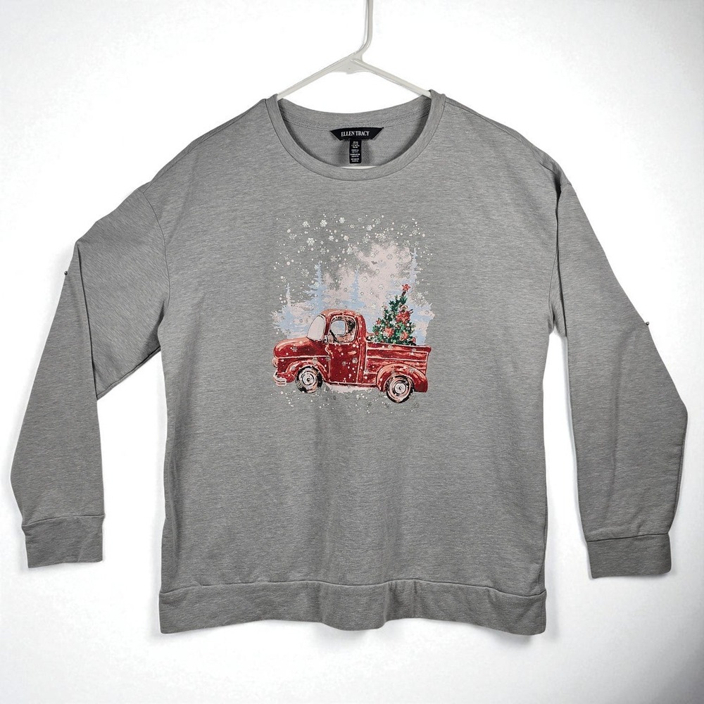 Ellen Tracy Christmas Truck Sweatshirt Womens Medium Holiday Tree Graphic Top